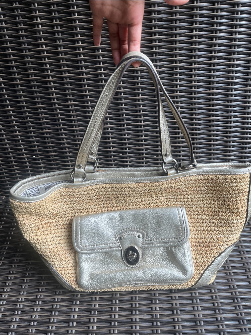 Coach Straw Tote with Silver Trim - Stylish Everyday Carry